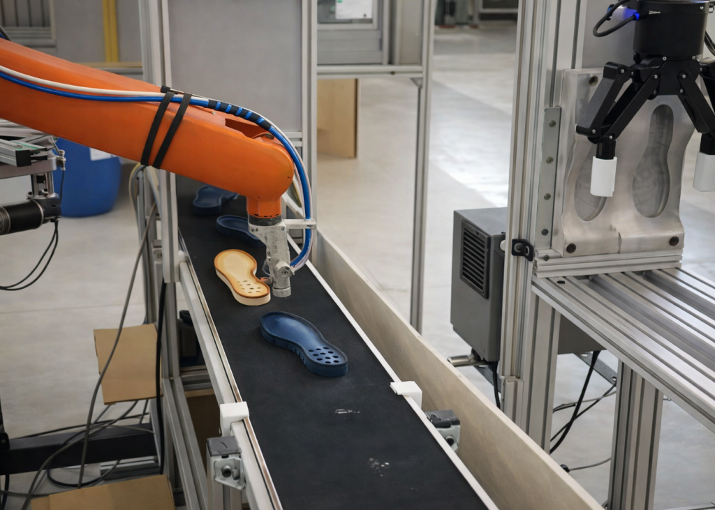 Spray adhesive application in footwear factory