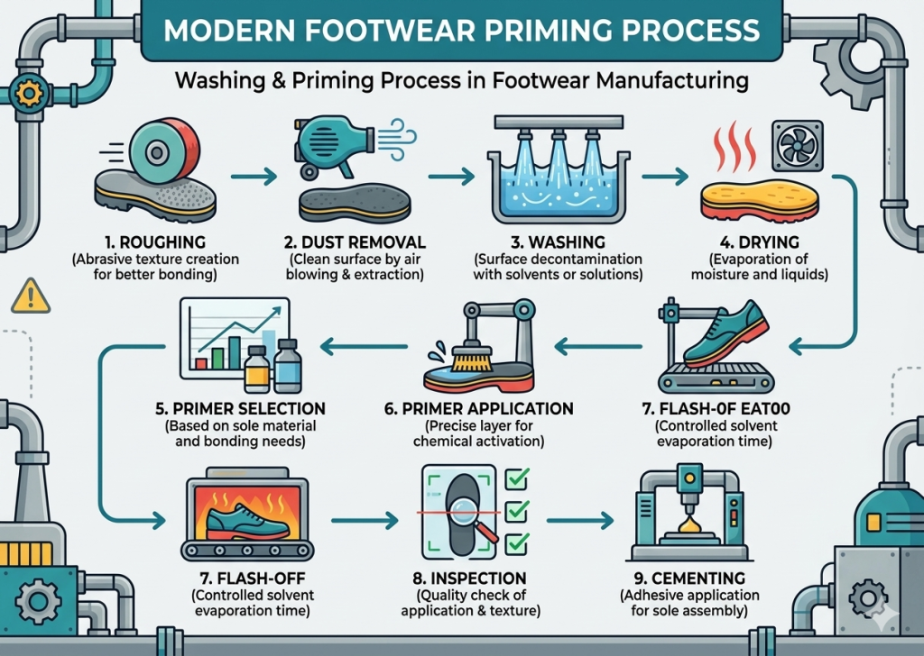 Footwear washing and priming process flow chart