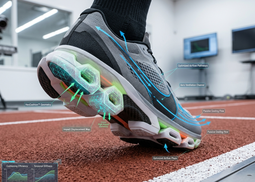 Close-up of an advanced athletic running shoe showing technical design overlays and premium foam outsoles.