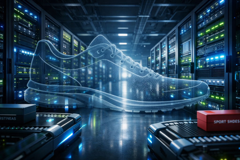 A futuristic data center filled with high-performance computing server stacks glowing with brilliant LED lights.