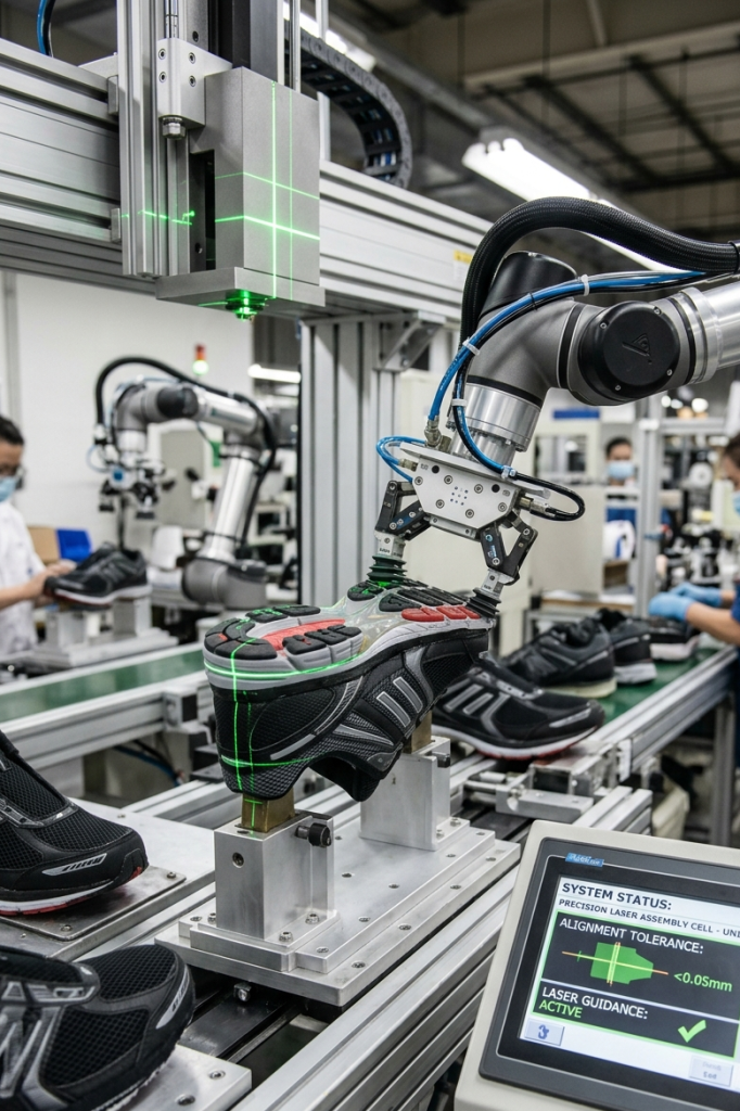 Laser-guided outsole positioning system in footwear factory