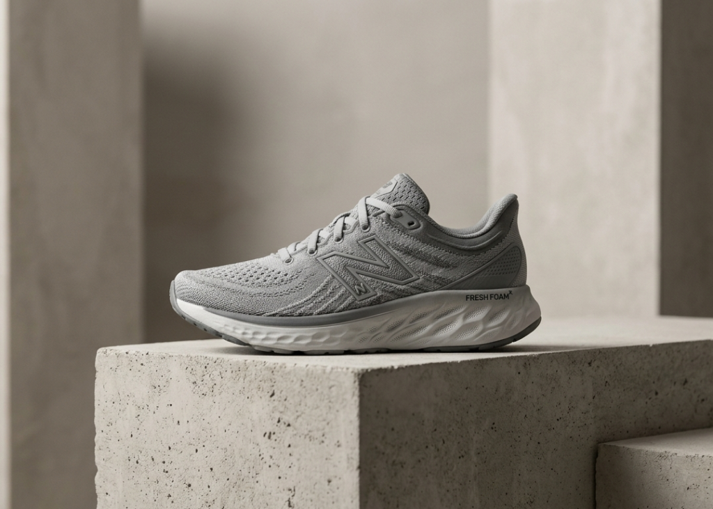 Minimalist studio layout of the New Balance 1080v15 Grey Days runner on concrete.