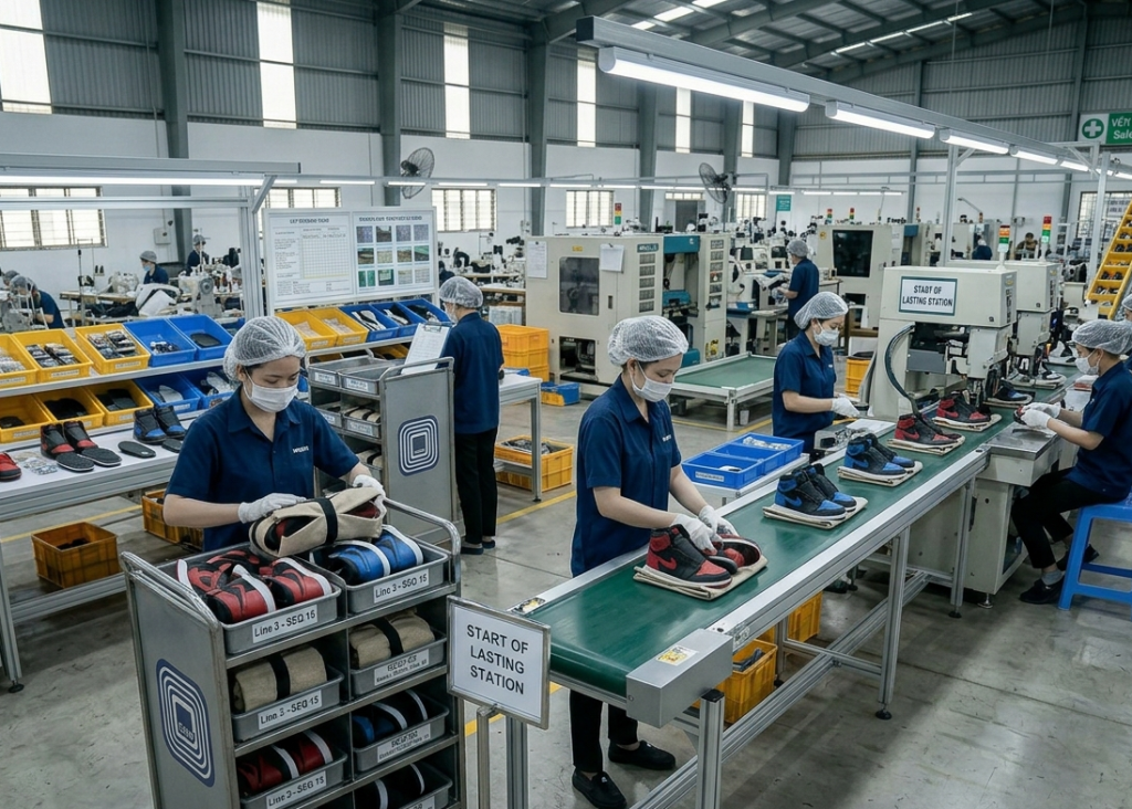 Sequenced kitting trolleys delivering complete shoe component families to the start of the lasting station on a footwear assembly line maintaining takt time and one-piece flow