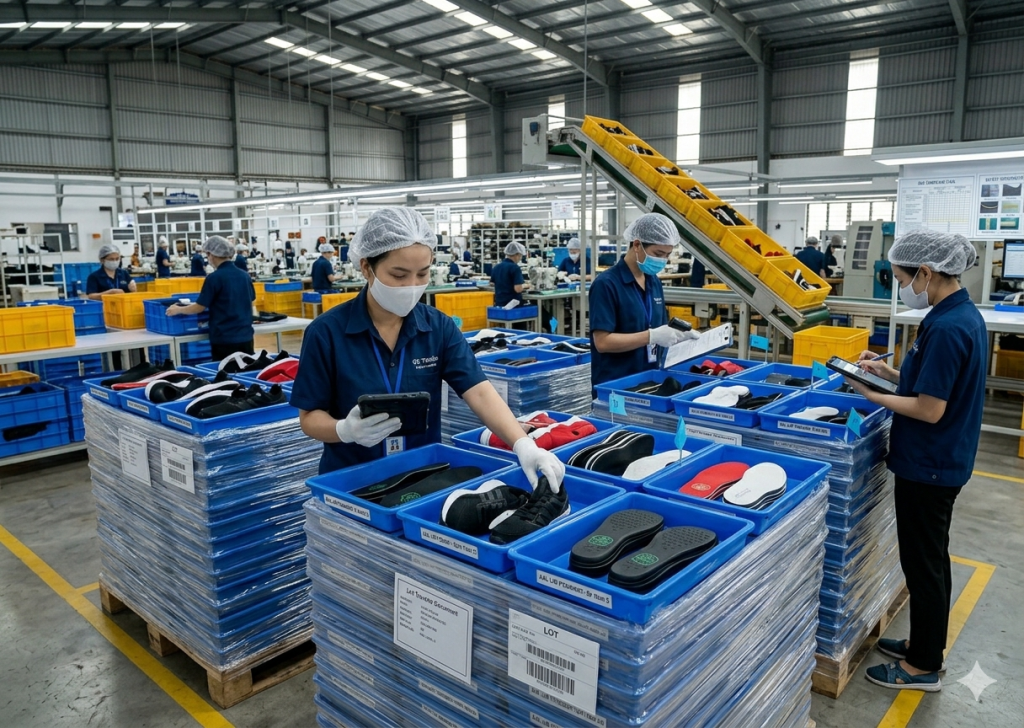 Random sampling of full shoe components from production pallets for AQL inspection