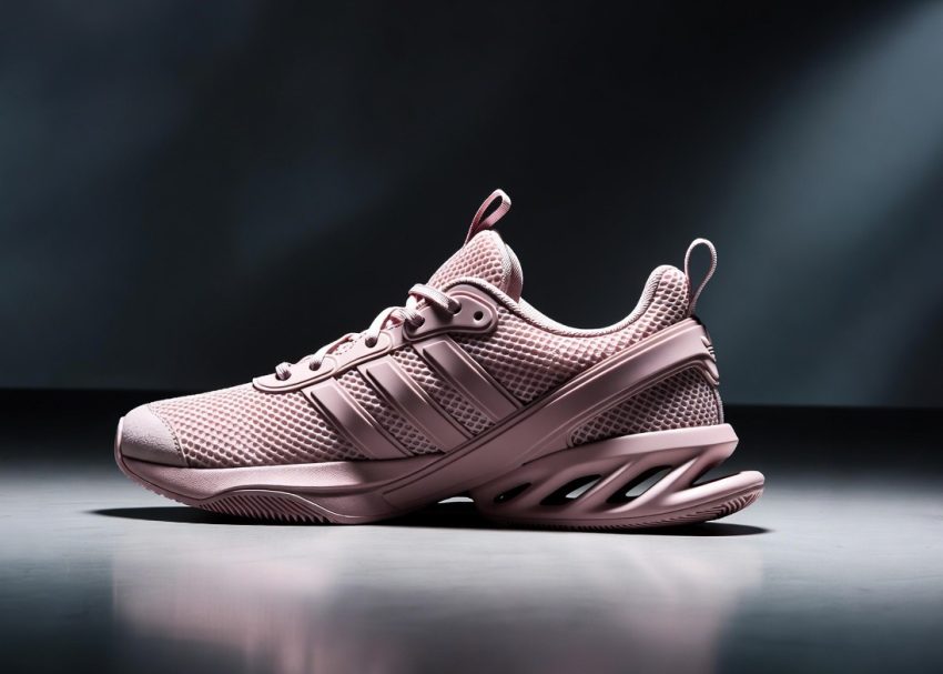 Studio product shot of the Adidas Ballerina Bad Bunny Flamboyan sneaker in soft pink on a clean reflective studio surface.
