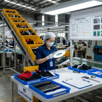 QC inspector performing AQL random inspection on full shoe components at factory station