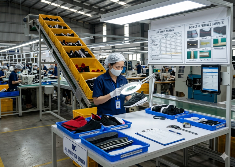 QC inspector performing AQL random inspection on full shoe components at factory station