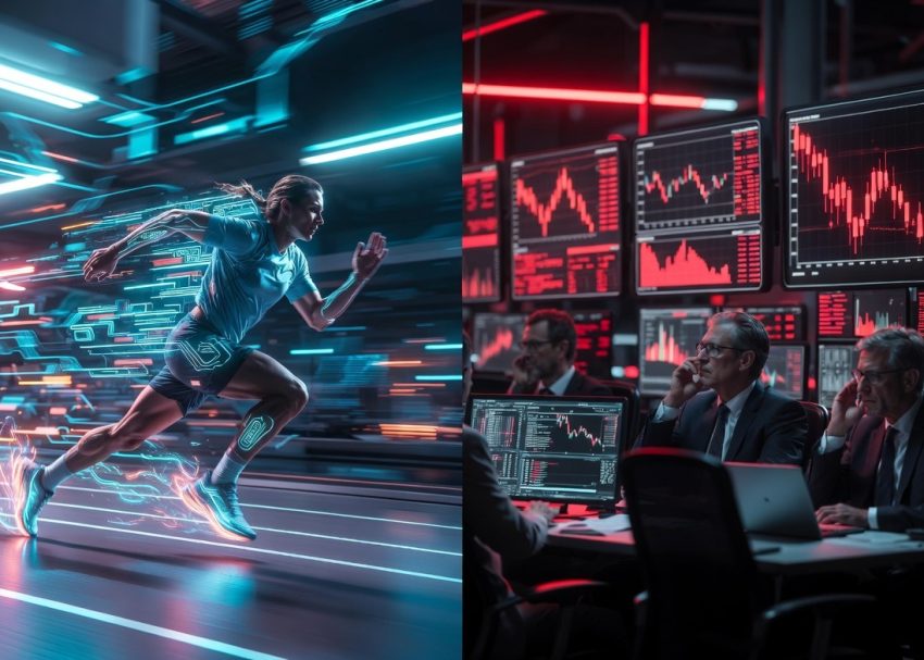 A split-screen representation of high-performance running tech on a dark track contrasted against a corporate office setting showing downward financial market stock charts.