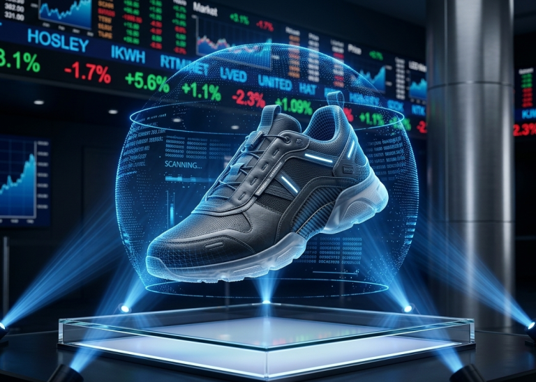 Futuristic leather sneaker with digital stock market overlay