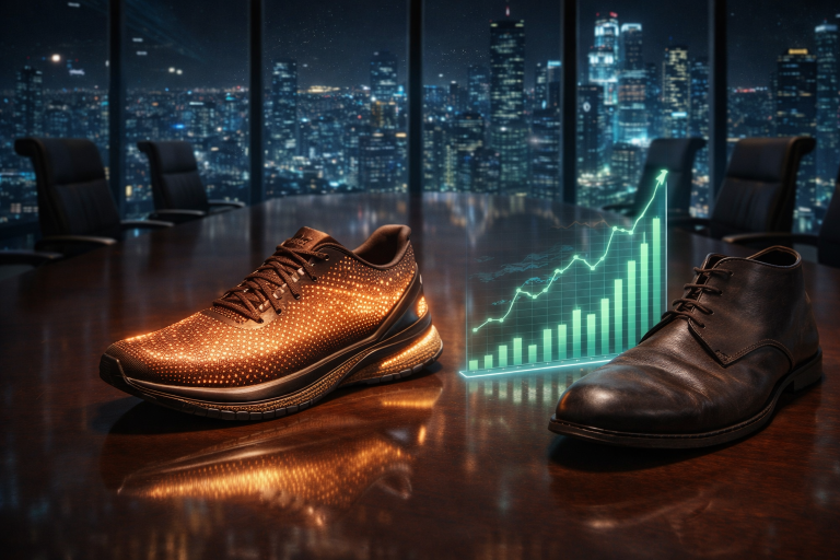 A premium corporate boardroom setting displaying an advanced athletic shoe next to a glowing holographic stock chart showing green market gains.