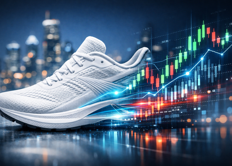 Futuristic sneaker with rising stock market data.