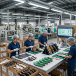 Footwear factory team conducting inbound verification of shoe components