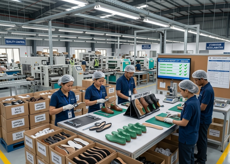 Footwear factory team conducting inbound verification of shoe components