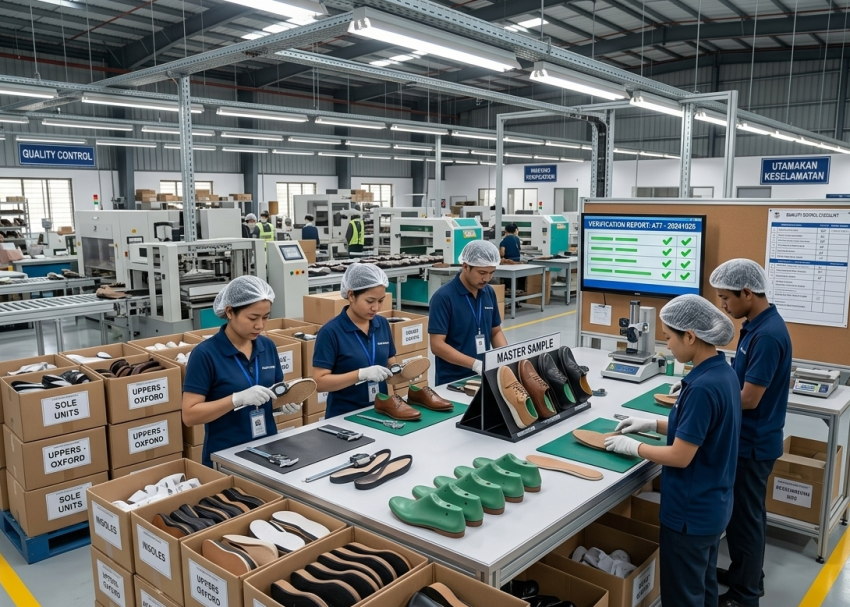 Footwear factory team conducting inbound verification of shoe components