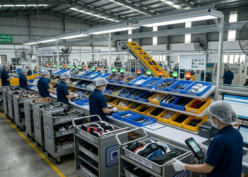 Modern footwear factory kitting station showing workers bundling matched shoe components into sequenced trolleys with pick-to-light system and RFID support for full shoe assembly line