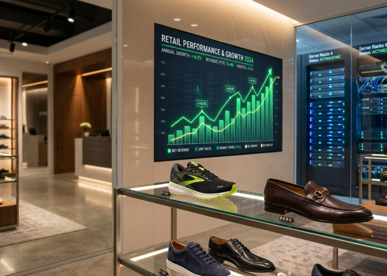 A high-end corporate shoe showroom displaying premium footwear alongside green stock market charts and glowing data indicators.