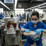 Operator attaching outsole to upper in footwear manufacturing line