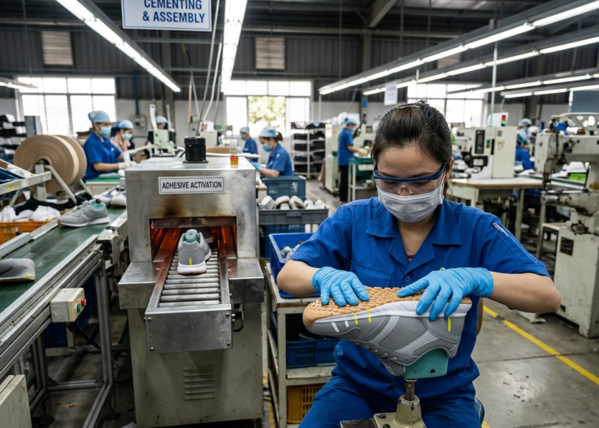 Operator attaching outsole to upper in footwear manufacturing line