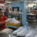 Operator performing outsole marking using automated rotary marking machine in footwear factory