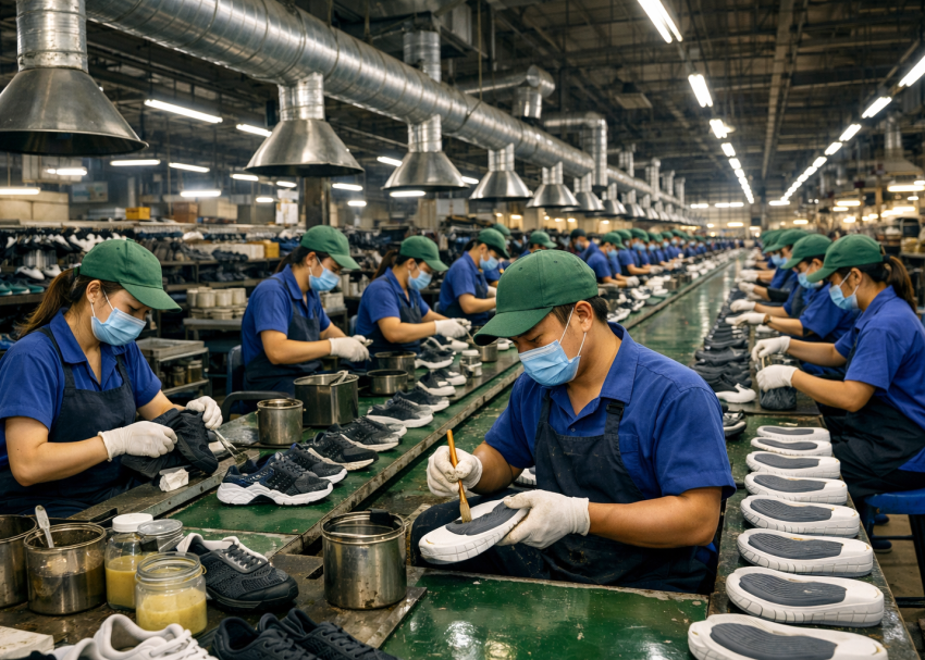 Footwear factory washing and priming process before cementing
