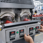 Worker performing toe puff activation on shoe upper in footwear factory