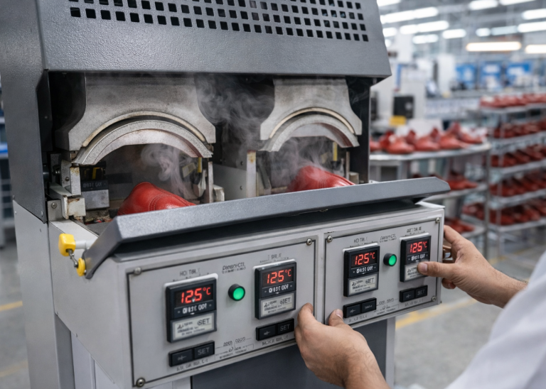 Worker performing toe puff activation on shoe upper in footwear factory