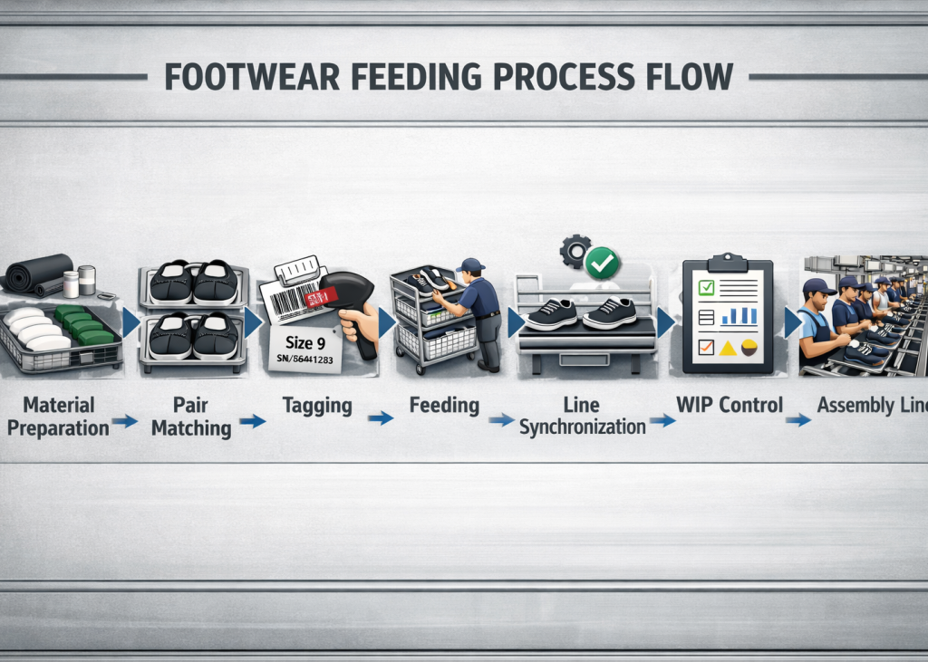 Feeding process flow in footwear manufacturing