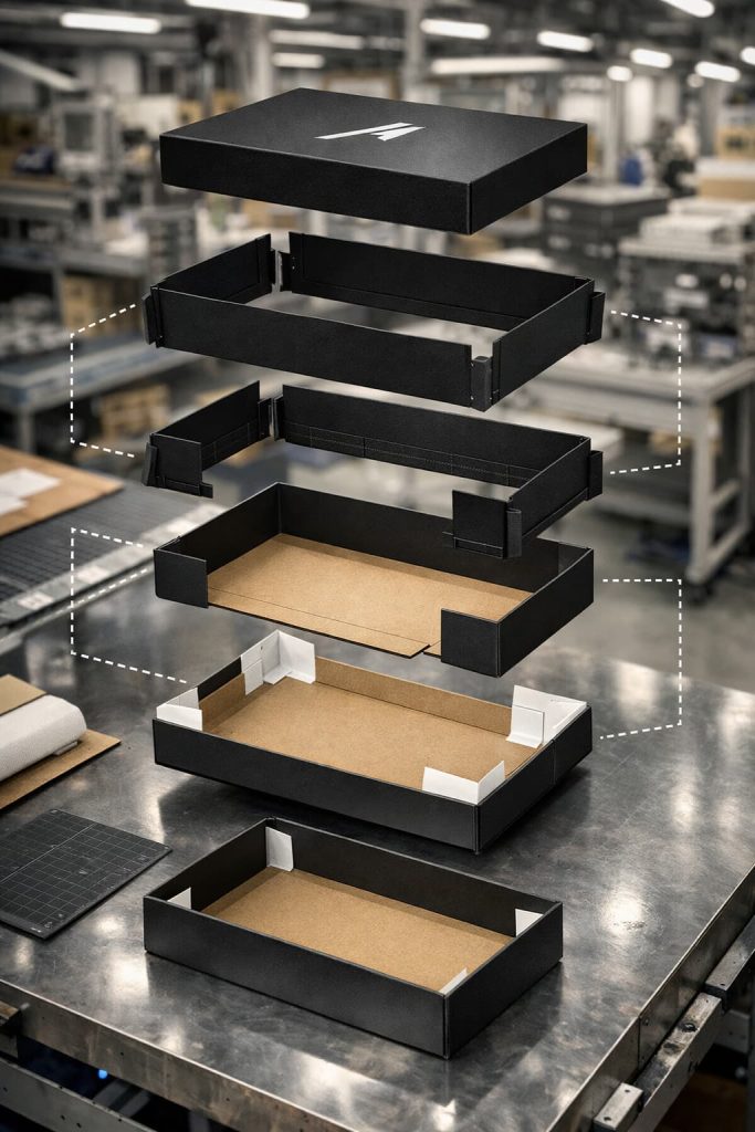 Construction components of a footwear unit box.