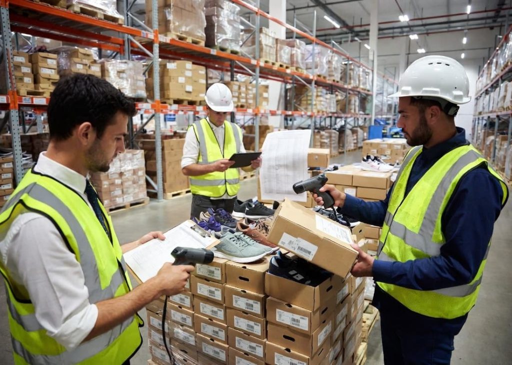 Footwear warehouse team verifying packing lists and carton quantities.