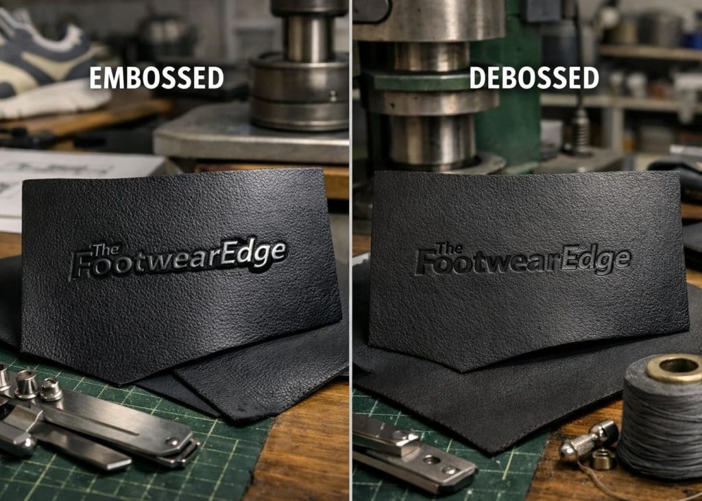 Comparison of embossed and debossed footwear logos.