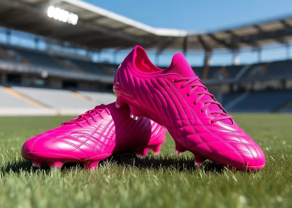 Close-up of high-performance hot pink athletic soccer shoes positioned on a vivid green stadium pitch.