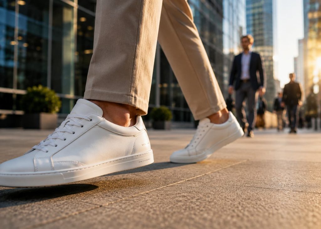 Close-up shot of premium white casual leather sneakers being worn in a modern corporate plaza