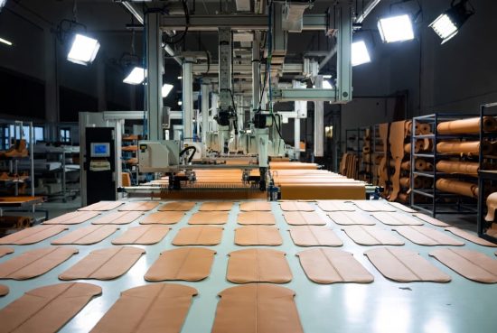 An automated laser cutting station processing premium leather components within an advanced footwear design lab.