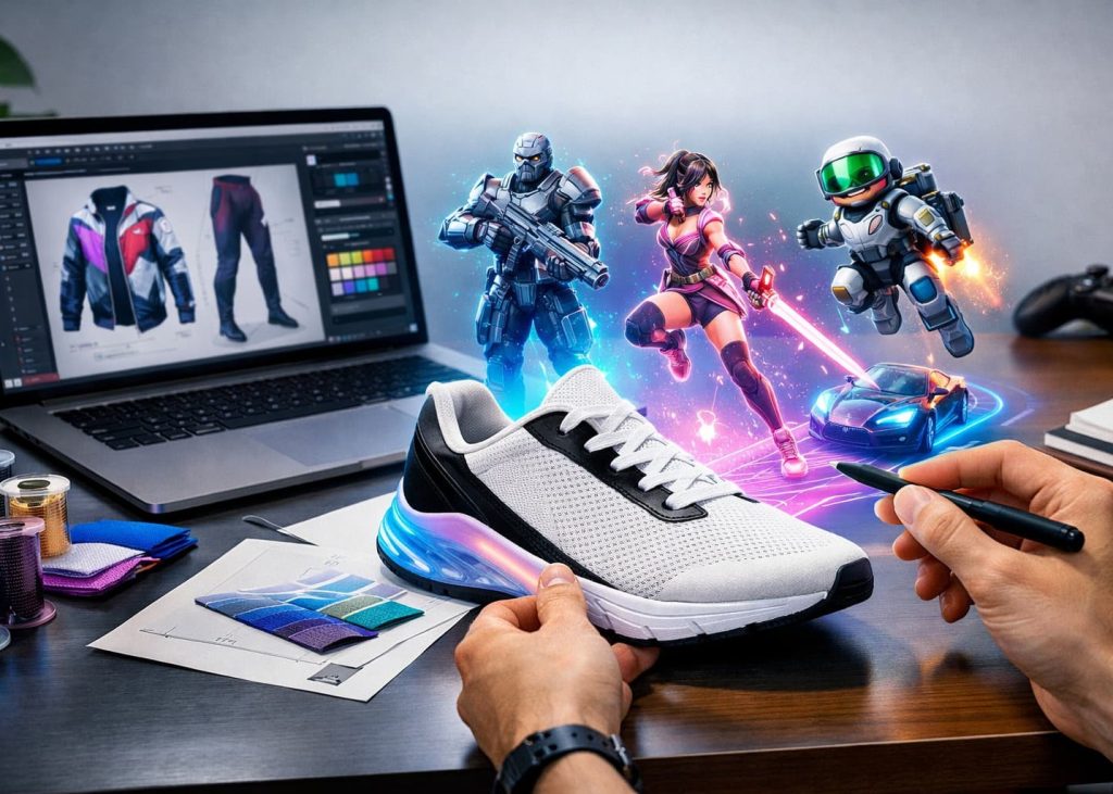 Close-up of a footwear designer's workshop displaying clean sneaker concepts alongside holographic digital game design blueprints.