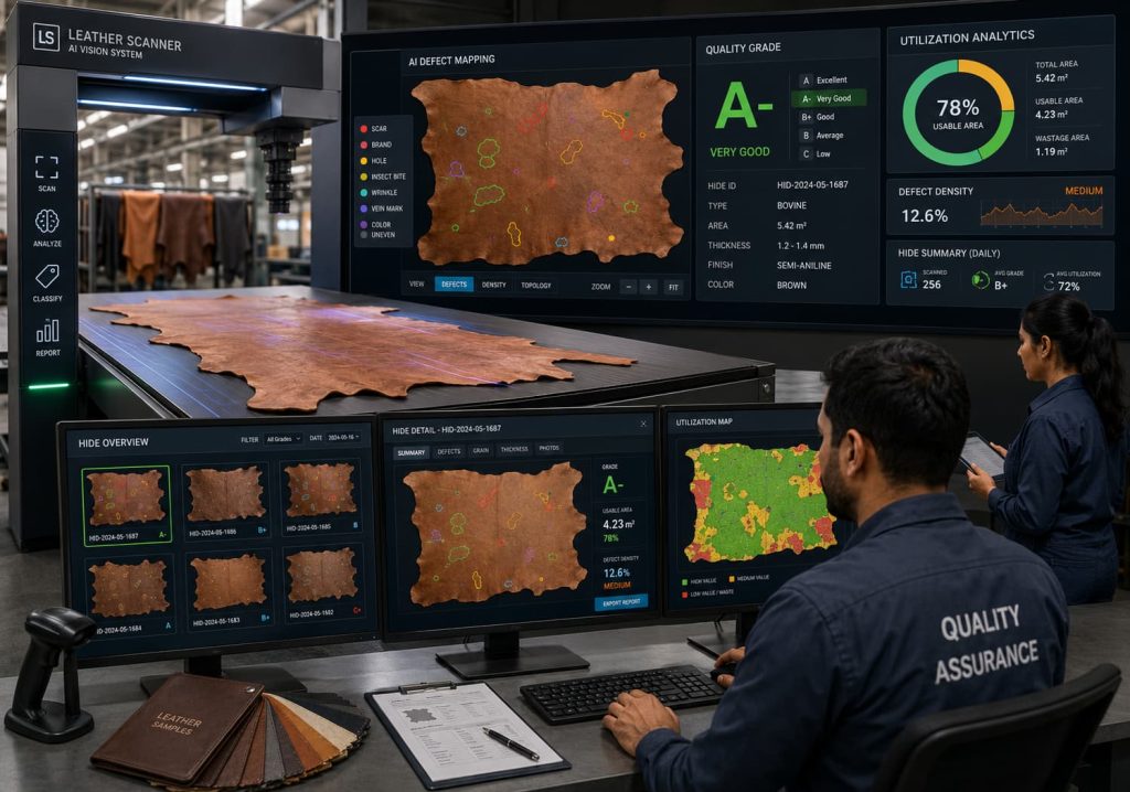 Digital leather inspection and defect mapping before smart cutting.