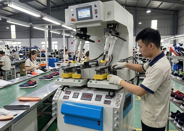 Outsole pressing machine in footwear manufacturing factory