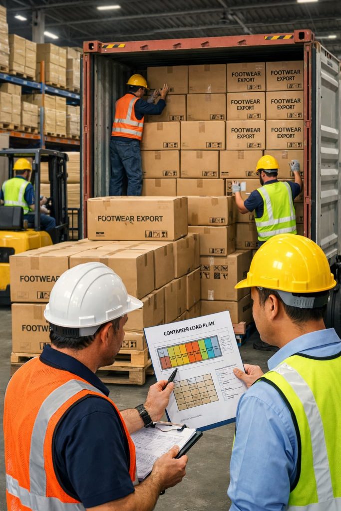 Planned carton loading inside export container.