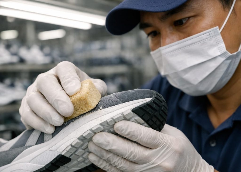 Operator removing excess adhesive from footwear outsole edge