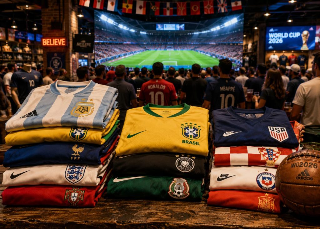 A World Cup 2026 fan merchandise layout featuring national team jerseys next to a large projection screen showing a soccer stadium.