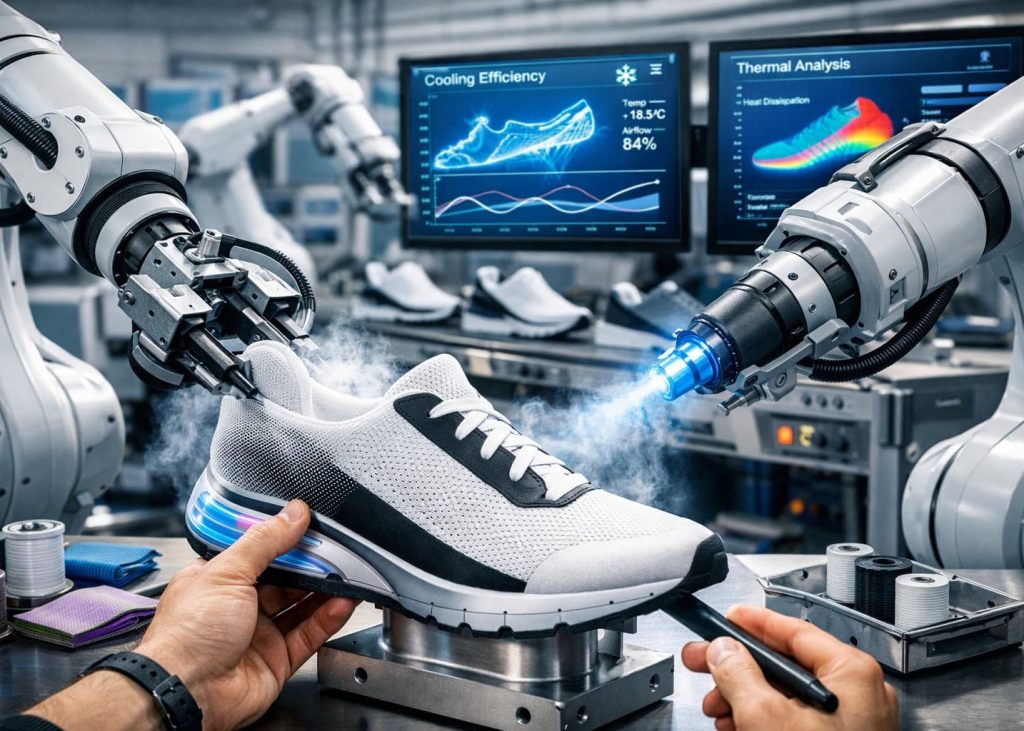 High-tech automated footwear production plant using robotic assembly systems to manufacture advanced cooling athletic shoes.