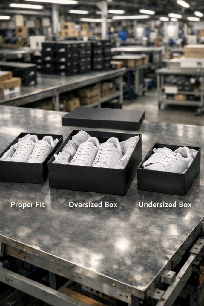 Comparison of correct and incorrect footwear box sizing.