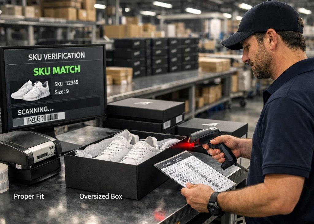 Barcode and label verification during unit box packing.