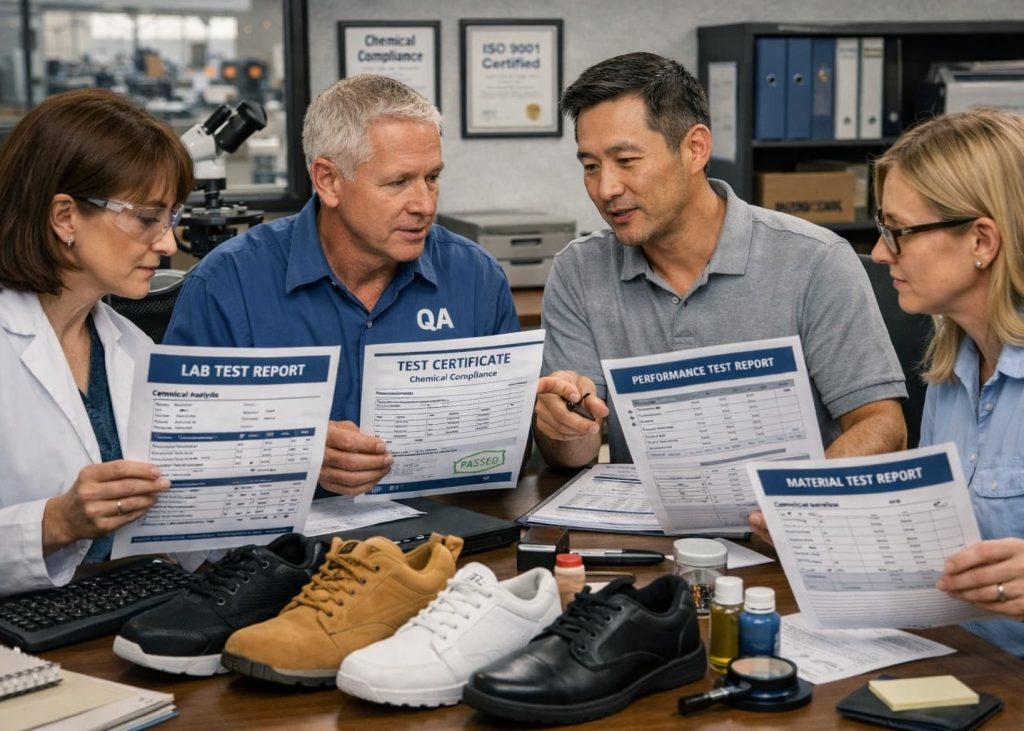 Footwear compliance team reviewing test reports before shipment approval.