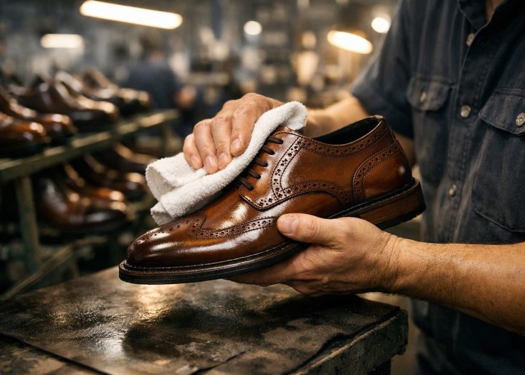 Final solvent cleaning of leather footwear