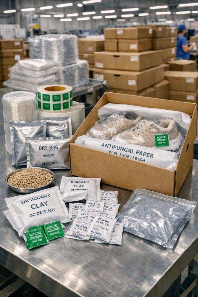 Silica gel and desiccants used in footwear packaging.