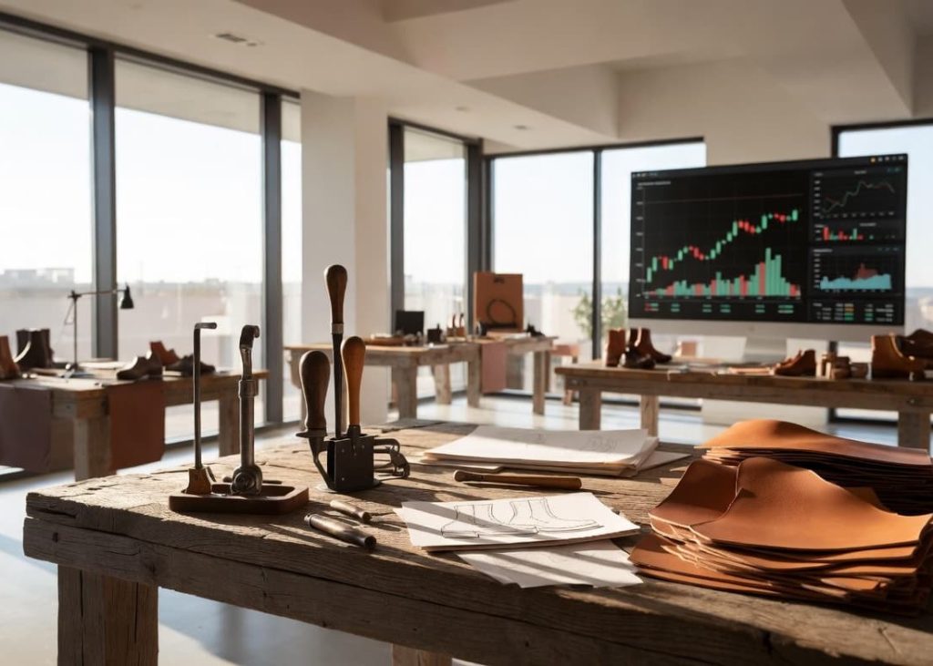 A sunlit artisan footwear design workshop displaying premium leather cuts, traditional tools, and modern corporate performance charts