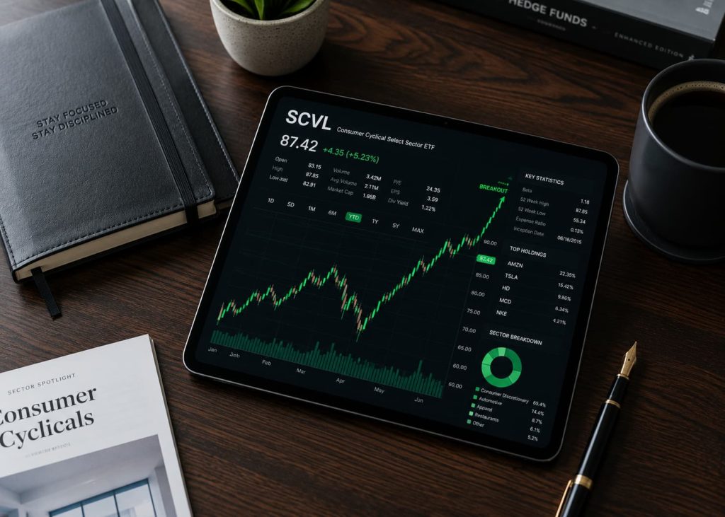A professional financial analyst's desk displaying a glowing stock market chart on a digital tablet next to corporate stationary.