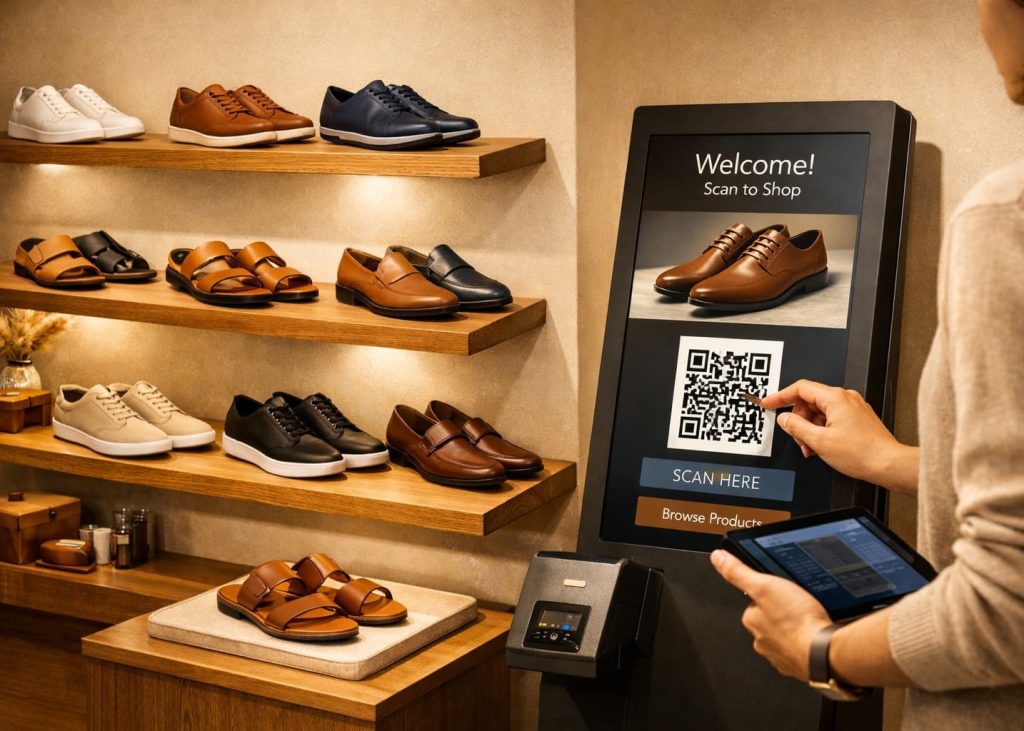 Upscale modern lifestyle footwear boutique displaying premium leather products on minimalist oak shelving under warm lighting.