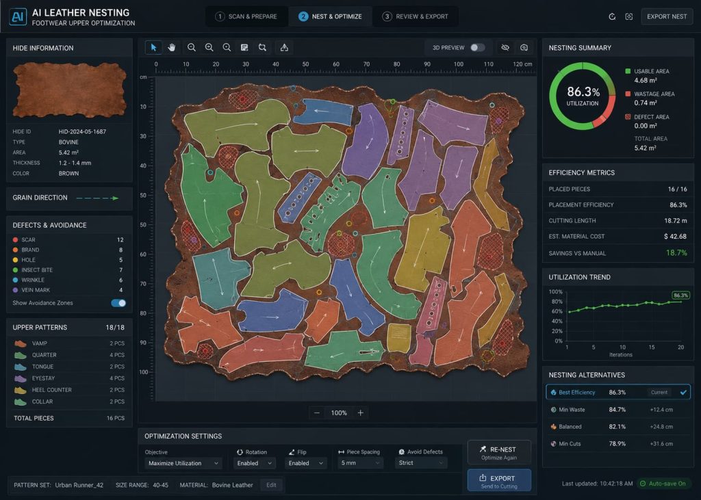 AI nesting software optimizing leather utilization for footwear components.