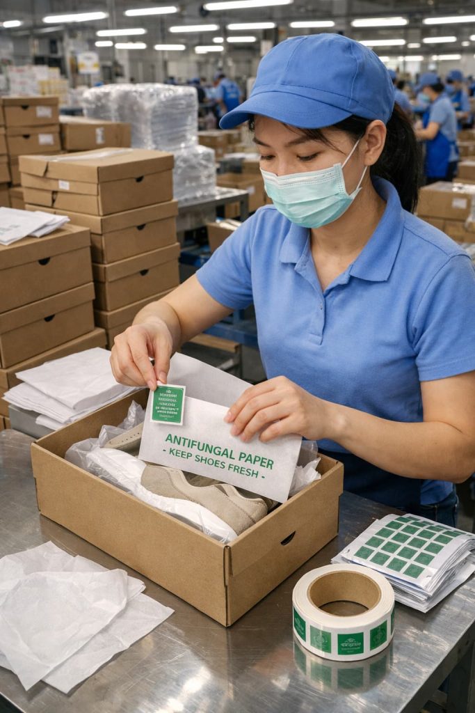 Anti-mold sticker application in footwear packaging.